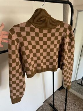 12th Tribe Brown & Tan Checkered Cropped Turtleneck Sweater